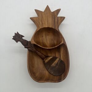 Vintage Monkeypod Sectioned Pineapple Serving Bowl And Spoon